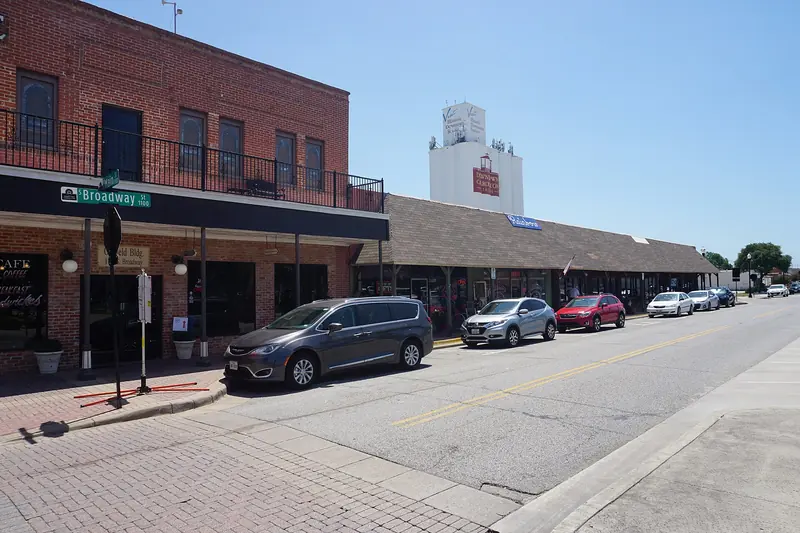 Shops along South Broadway Street in downtown Carrollton, Texas