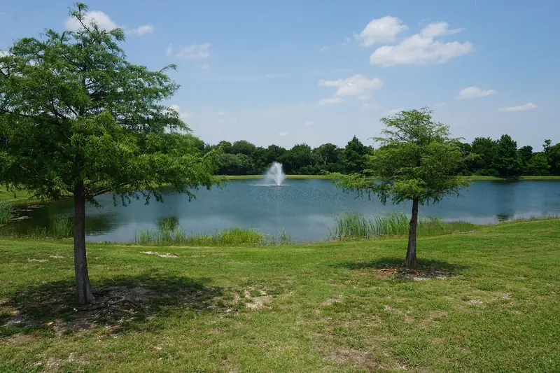 Fountain pond at Frisco Commons park in Frisco, Texas