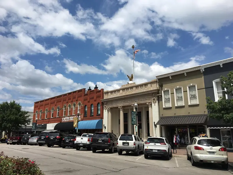 Storefronts on the downtown square in McKinney, Texas