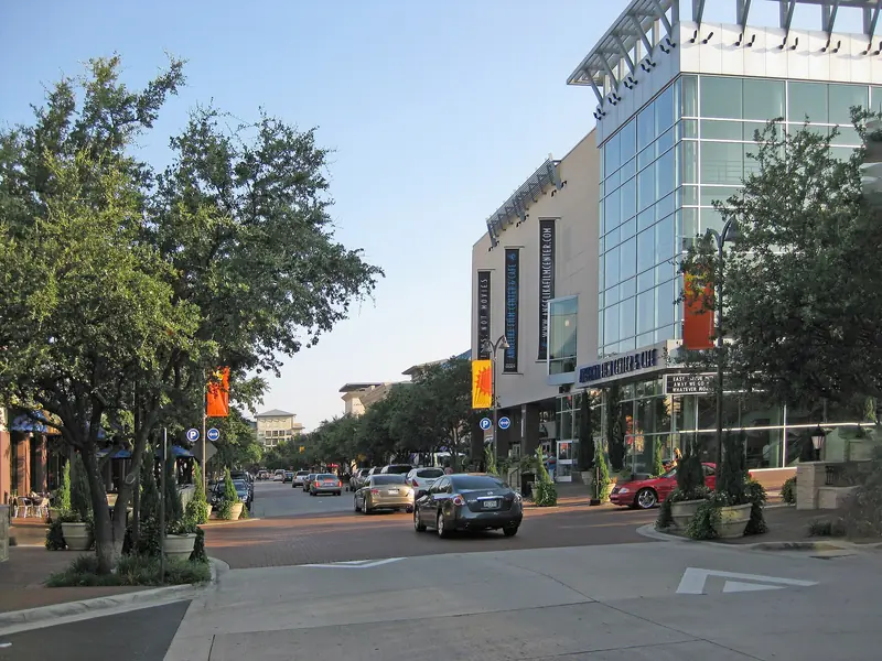 Tree lined street at Legacy Town Center in Plano, Texas